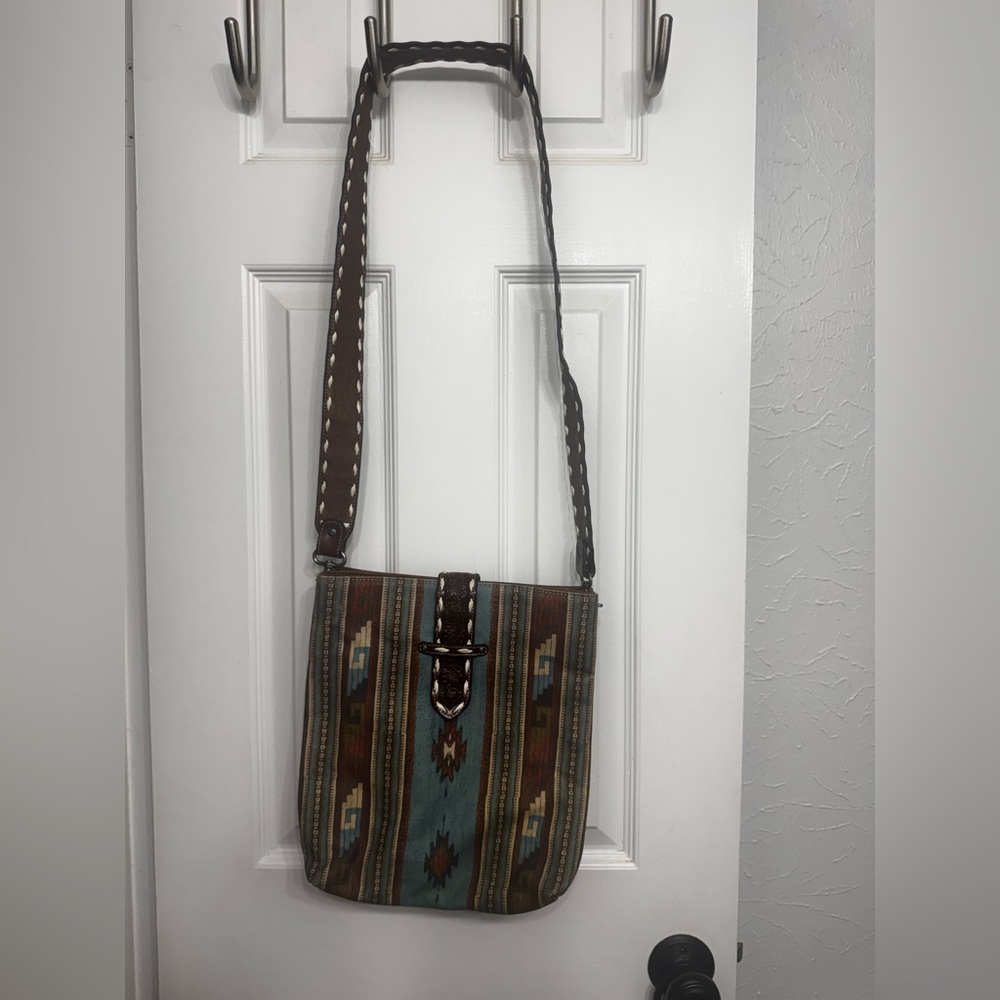 Nocona Teal and Brown Woven Stripe Crossbody Bag